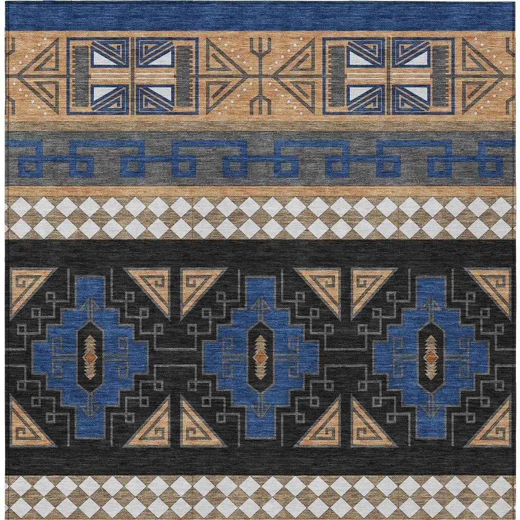 9' X 12' Navy Blue And Salmon Tribal Washable Indoor Outdoor Area Rug Homeroots Outdoor