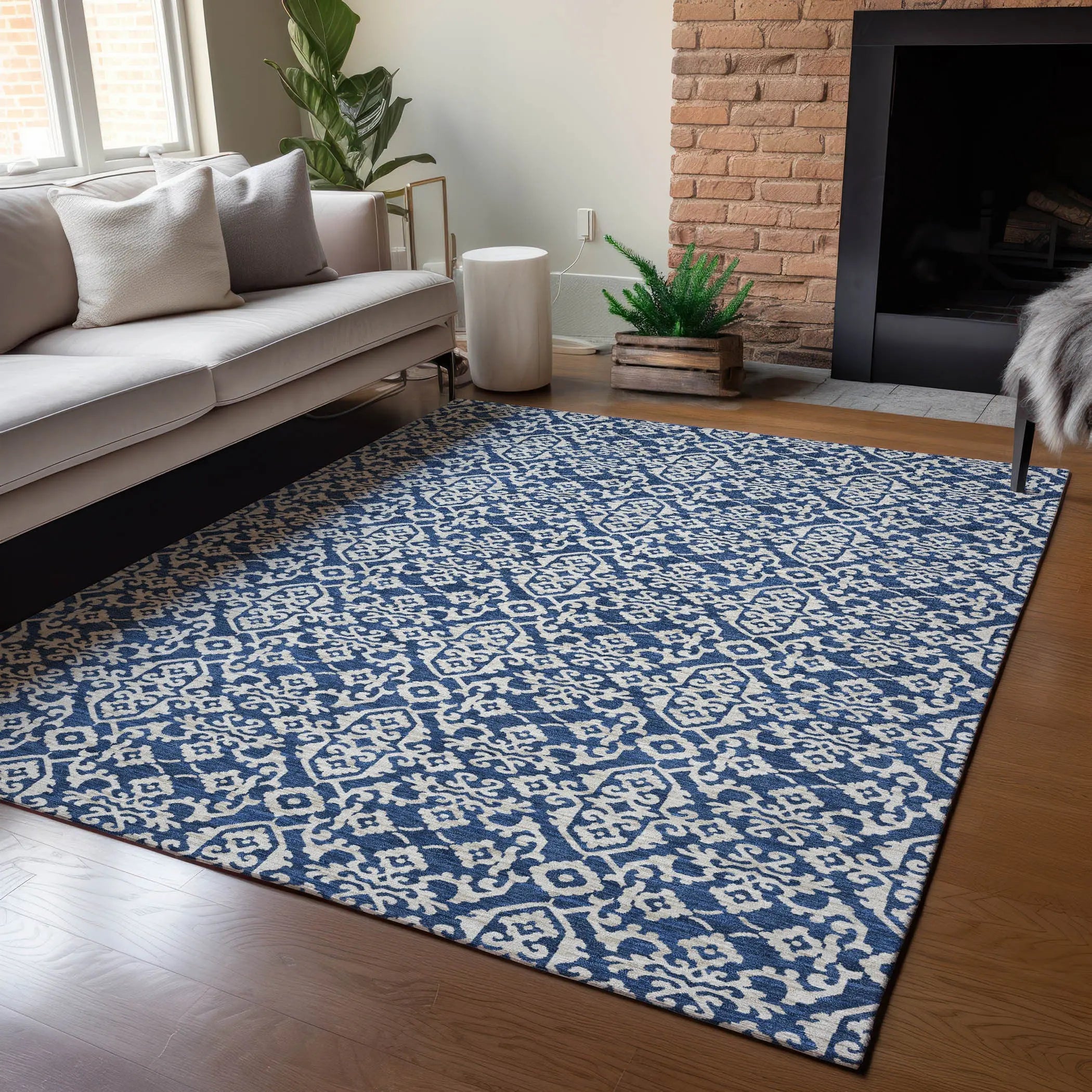 9' X 12' Navy Blue And Silver Oriental Washable Indoor Outdoor Area Rug Homeroots Outdoor