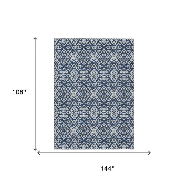 9' X 12' Navy Blue And Silver Oriental Washable Indoor Outdoor Area Rug Homeroots Outdoor