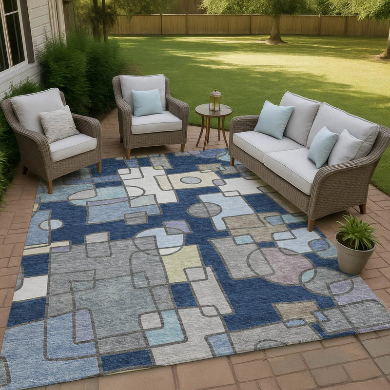 9' X 12' Navy Blue And Sky Blue Geometric Washable Indoor Outdoor Area Rug Homeroots Outdoor