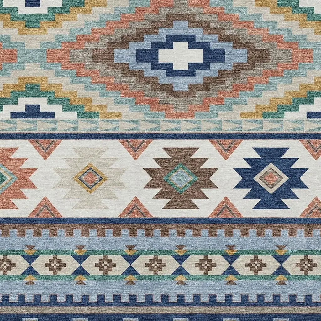 9' X 12' Navy Blue And Sky Blue Southwestern Washable Indoor Outdoor Area Rug Homeroots Outdoor