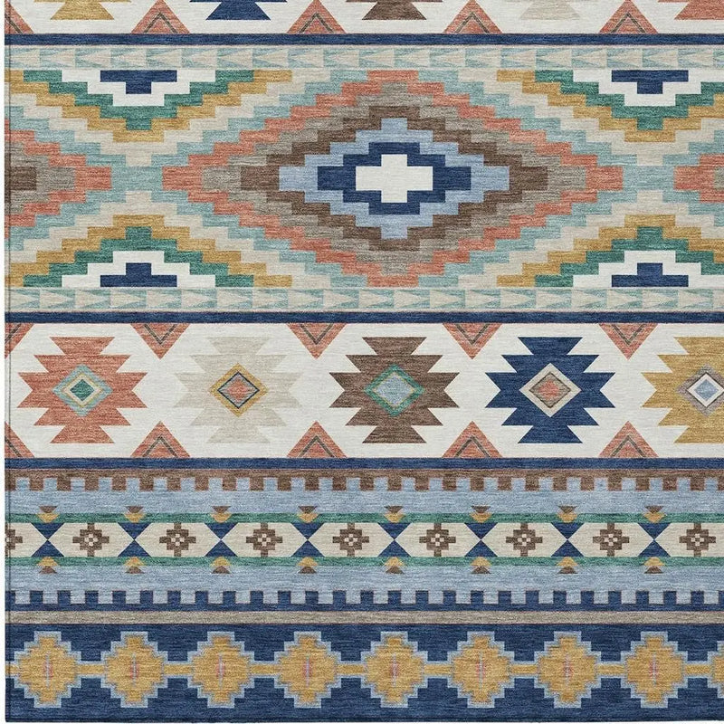 9' X 12' Navy Blue And Sky Blue Southwestern Washable Indoor Outdoor Area Rug Homeroots Outdoor