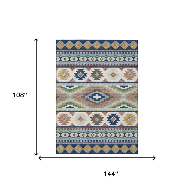 9' X 12' Navy Blue And Sky Blue Southwestern Washable Indoor Outdoor Area Rug Homeroots Outdoor