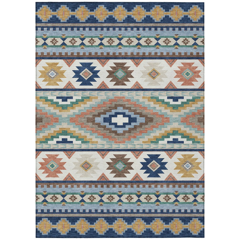 9' X 12' Navy Blue And Sky Blue Southwestern Washable Indoor Outdoor Area Rug Homeroots Outdoor