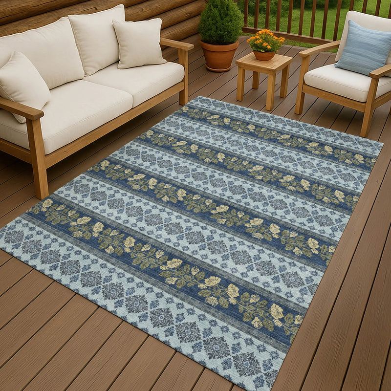 9' X 12' Navy Blue And Sky Blue Striped Washable Indoor Outdoor Area Rug Homeroots Outdoor
