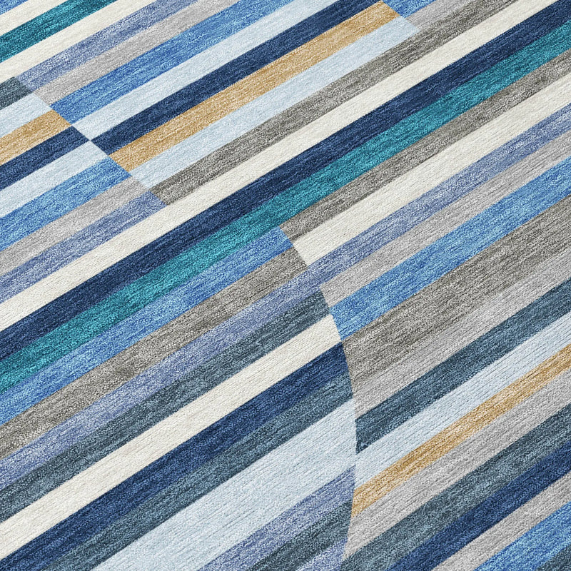 9' X 12' Navy Blue And Sky Blue Striped Washable Indoor Outdoor Area Rug Homeroots Outdoor