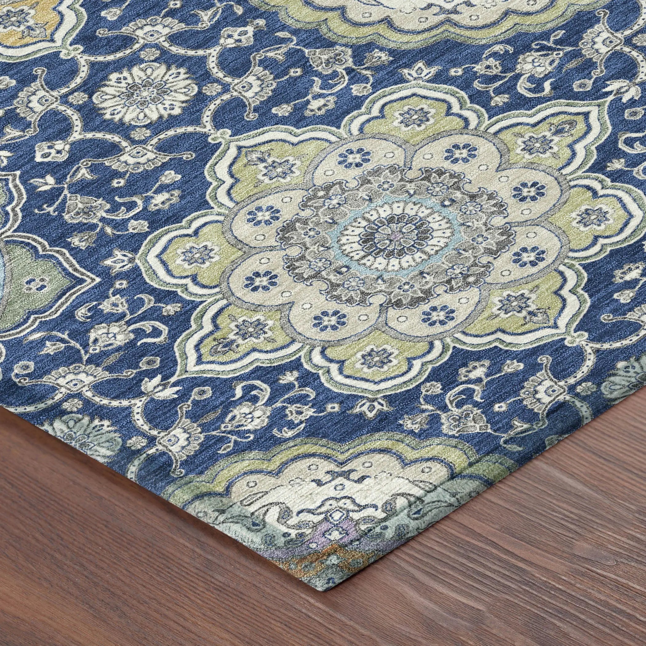 9' X 12' Navy Blue And Taupe Floral Medallion Washable Indoor Outdoor Area Rug Homeroots Outdoor