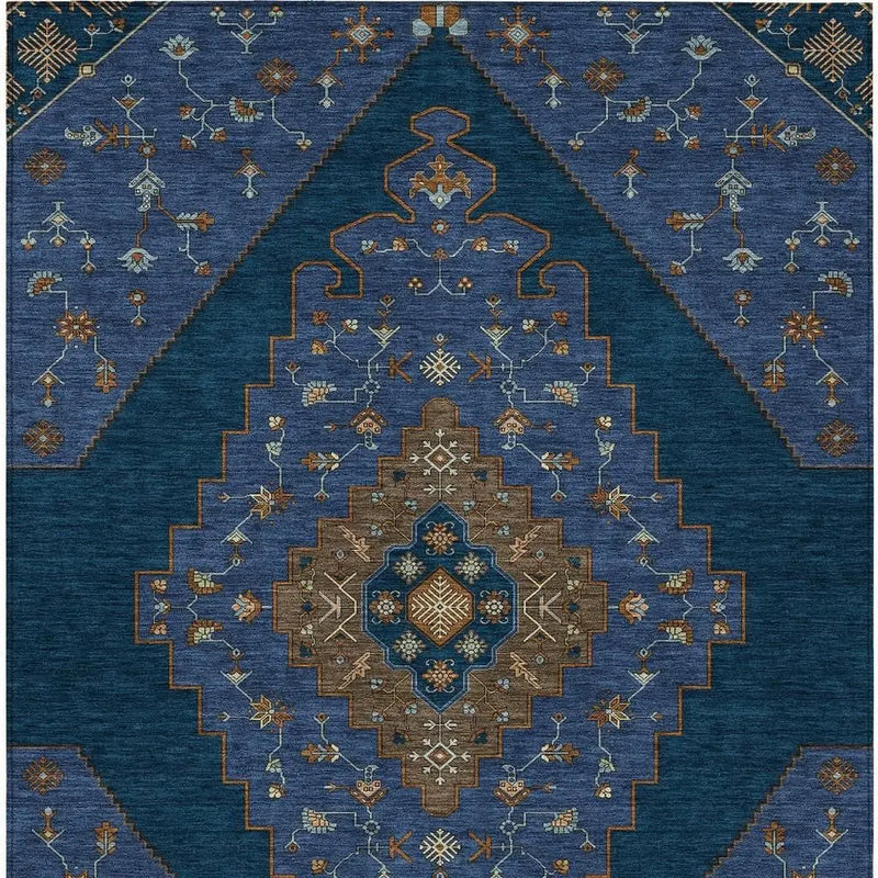 9' X 12' Navy Blue And Teal Blue Geometric Washable Indoor Outdoor Area Rug Homeroots Outdoor