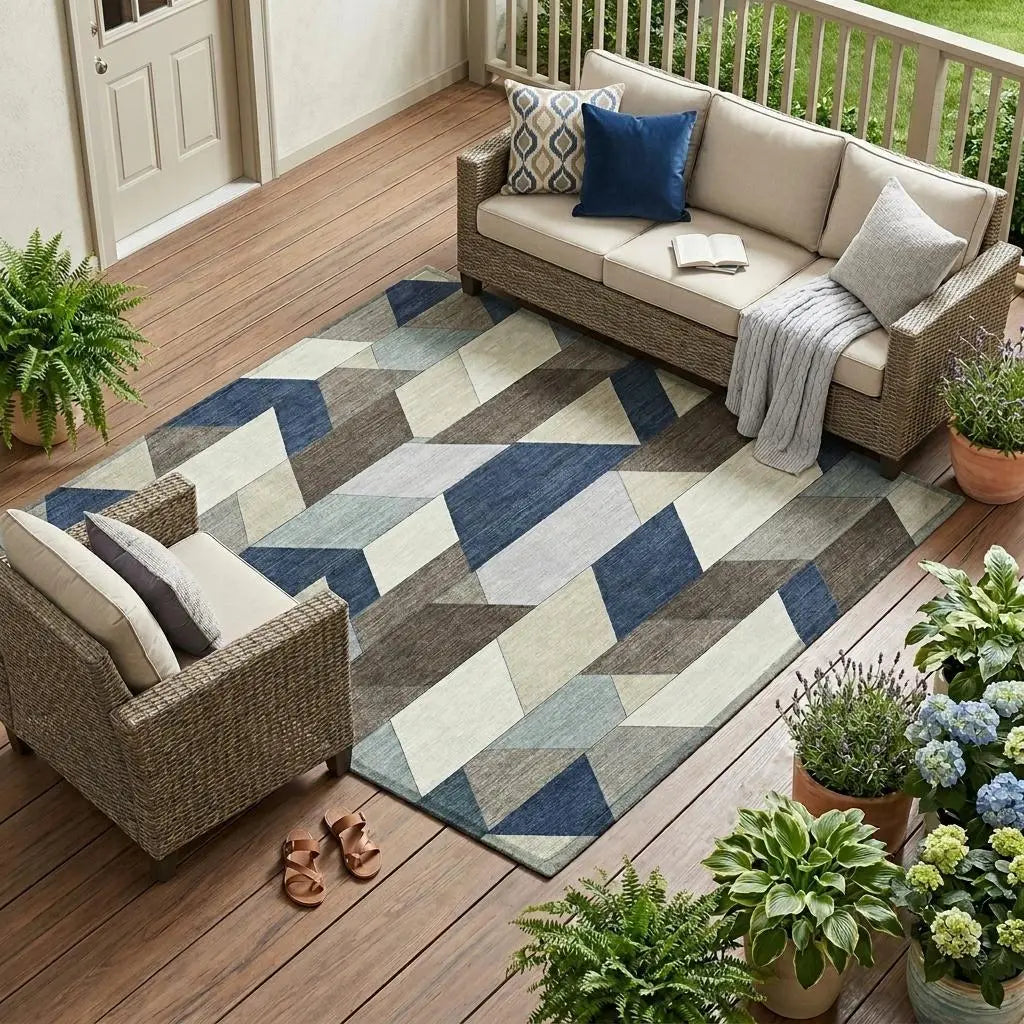 9' X 12' Navy Blue And Teal Blue Geometric Washable Indoor Outdoor Area Rug Homeroots Outdoor