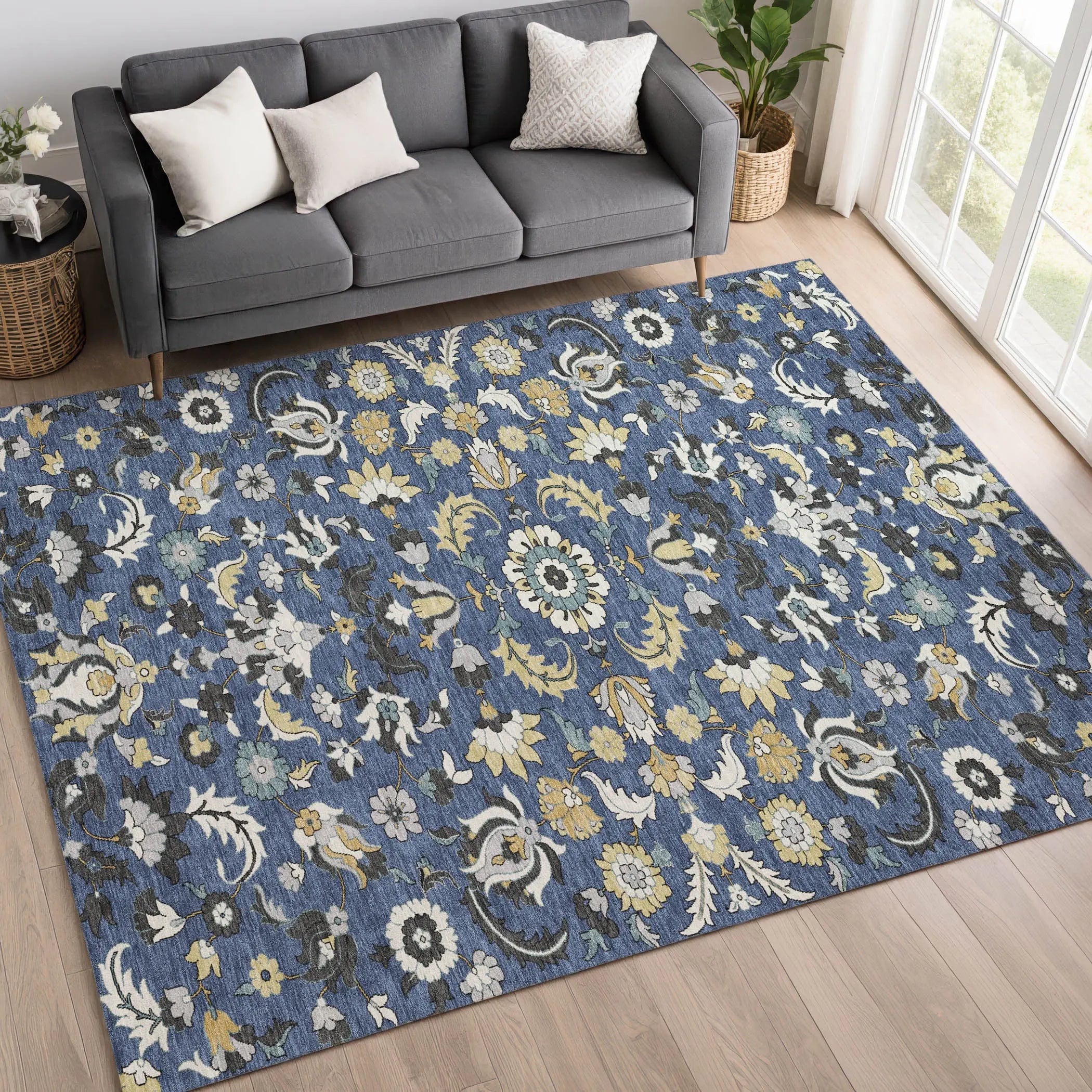 9' X 12' Navy Blue And Wheat Floral Medallion Washable Indoor Outdoor Area Rug Homeroots Outdoor