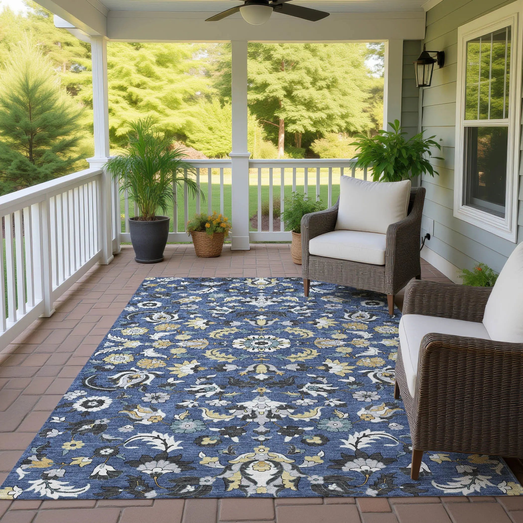 9' X 12' Navy Blue And Wheat Floral Medallion Washable Indoor Outdoor Area Rug Homeroots Outdoor
