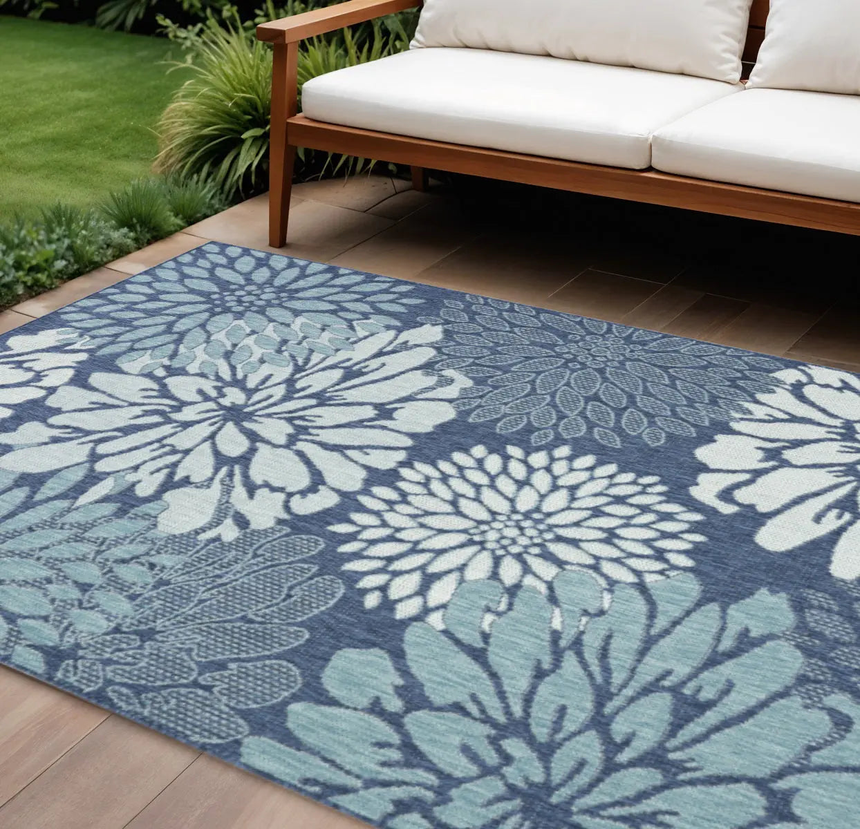 9' X 12' Navy Blue Floral Indoor Outdoor Area Rug Homeroots Outdoor