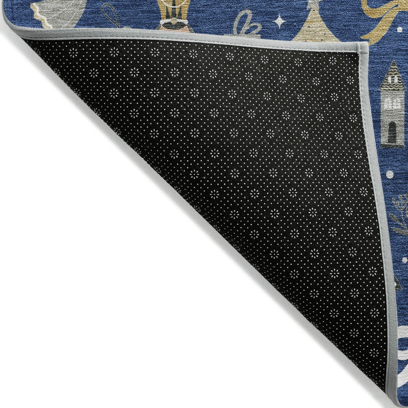Blue patterned area rug with gold and white designs, featuring a durable black non-slip backing and gray border.