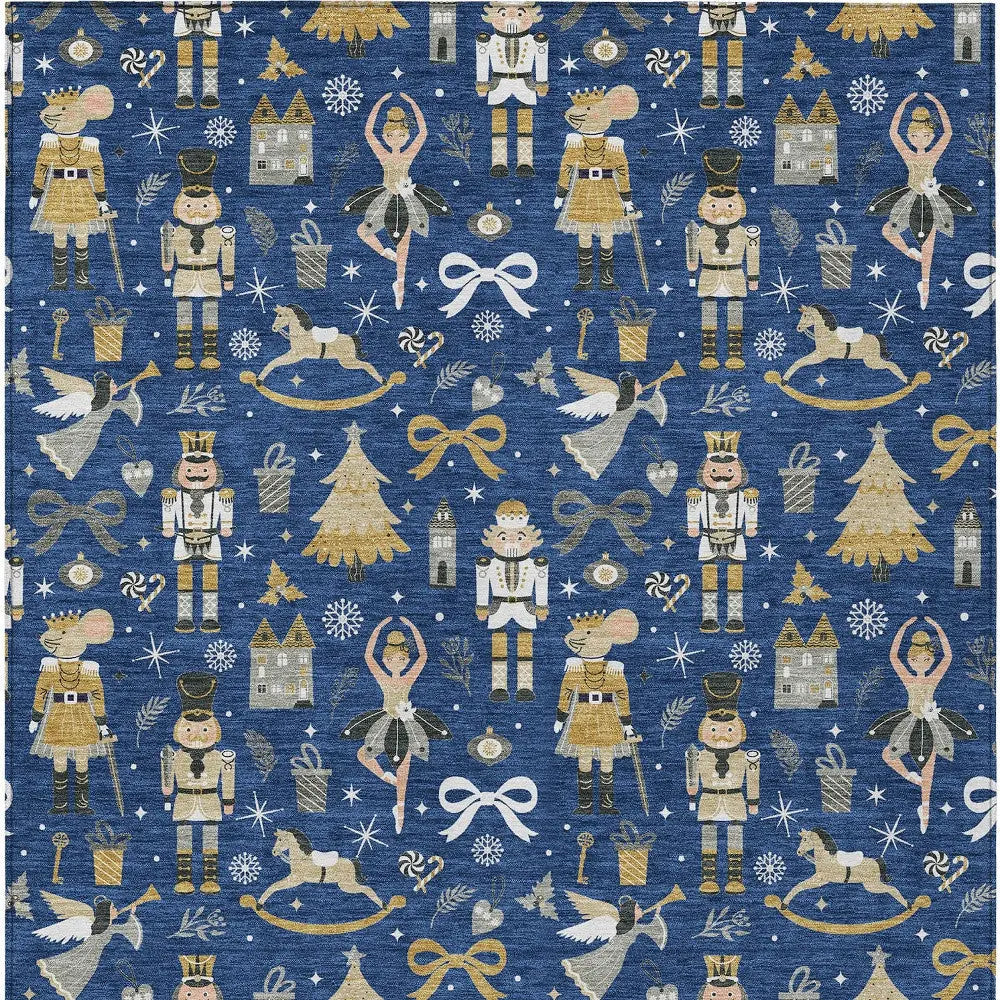 Navy blue fabric featuring nutcrackers, ballerinas, and unicorns in gold and white, perfect for festive decor.