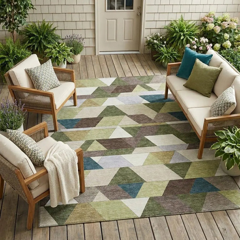 9' X 12' Olive Green And Beige Geometric Washable Indoor Outdoor Area Rug Homeroots Outdoor