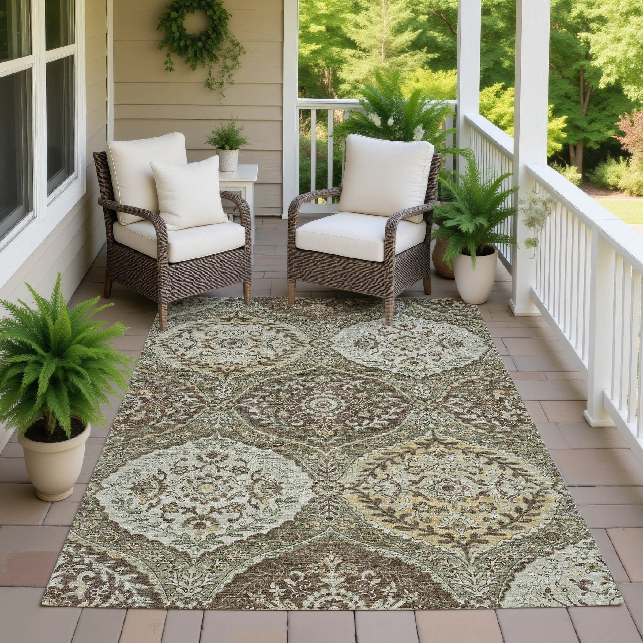 9' X 12' Olive Green And Blue Ogee Washable Indoor Outdoor Area Rug Homeroots Outdoor