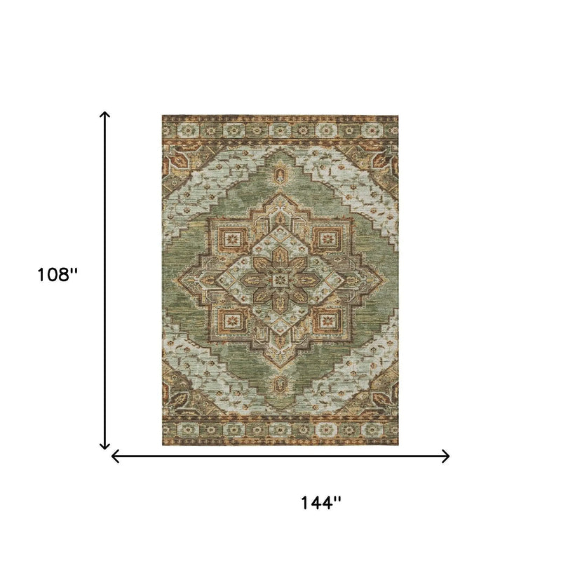 9' X 12' Olive Green And Blue Oriental Washable Indoor Outdoor Area Rug Homeroots Outdoor