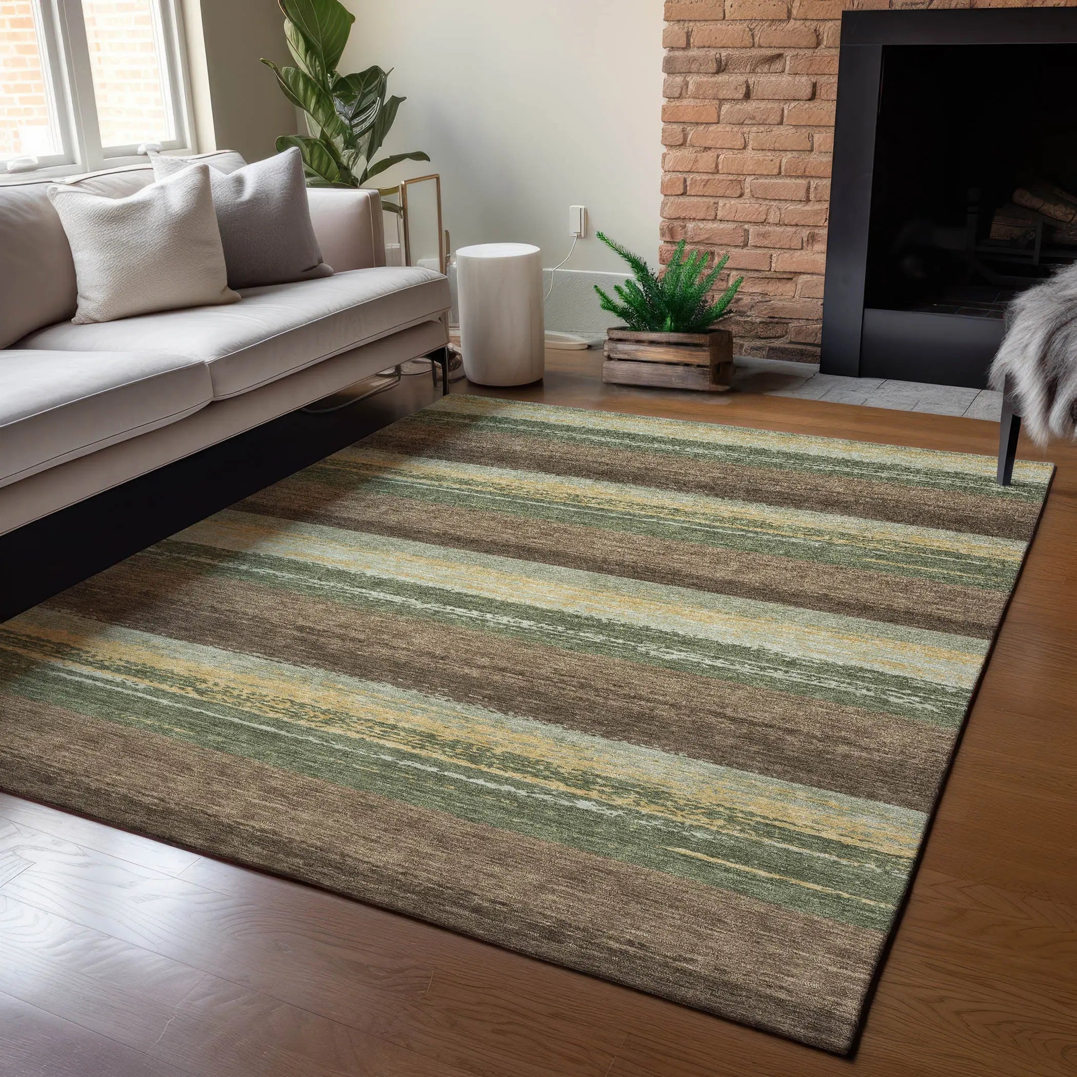 9' X 12' Olive Green And Blue Striped Washable Indoor Outdoor Area Rug Homeroots Outdoor