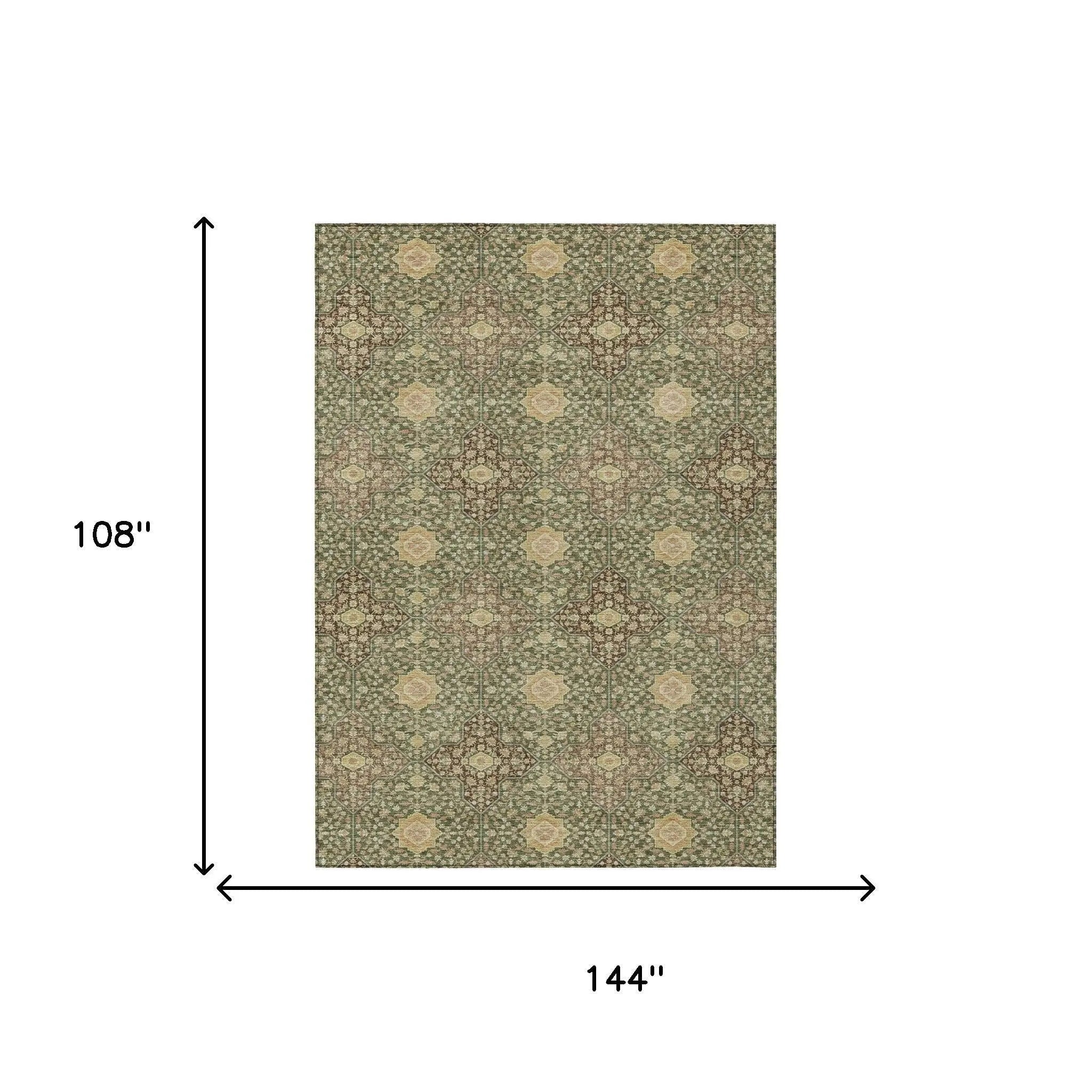 9' X 12' Olive Green And Chocolate Damask Washable Indoor Outdoor Area Rug Homeroots Outdoor