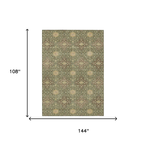 9' X 12' Olive Green And Chocolate Damask Washable Indoor Outdoor Area Rug Homeroots Outdoor