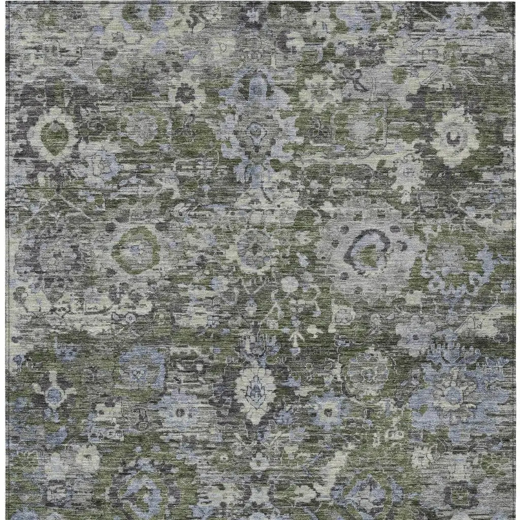9' X 12' Olive Green And Denim Blue Floral Washable Indoor Outdoor Area Rug Homeroots Outdoor