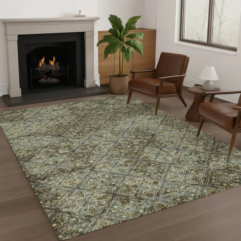 9' X 12' Olive Green And Graphite Geometric Washable Indoor Outdoor Area Rug Homeroots Outdoor