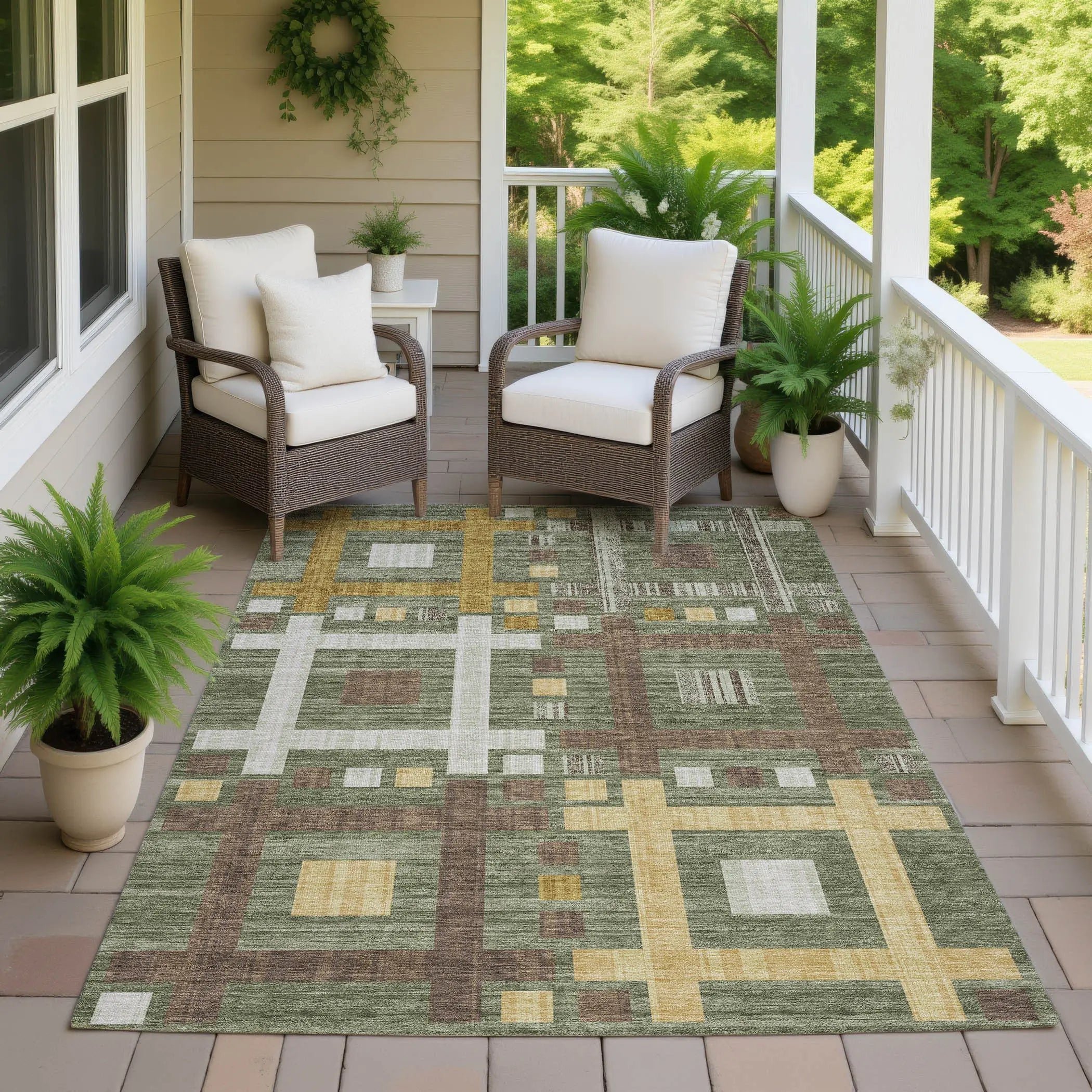 9' X 12' Olive Green And Gray Geometric Washable Indoor Outdoor Area Rug Homeroots Outdoor