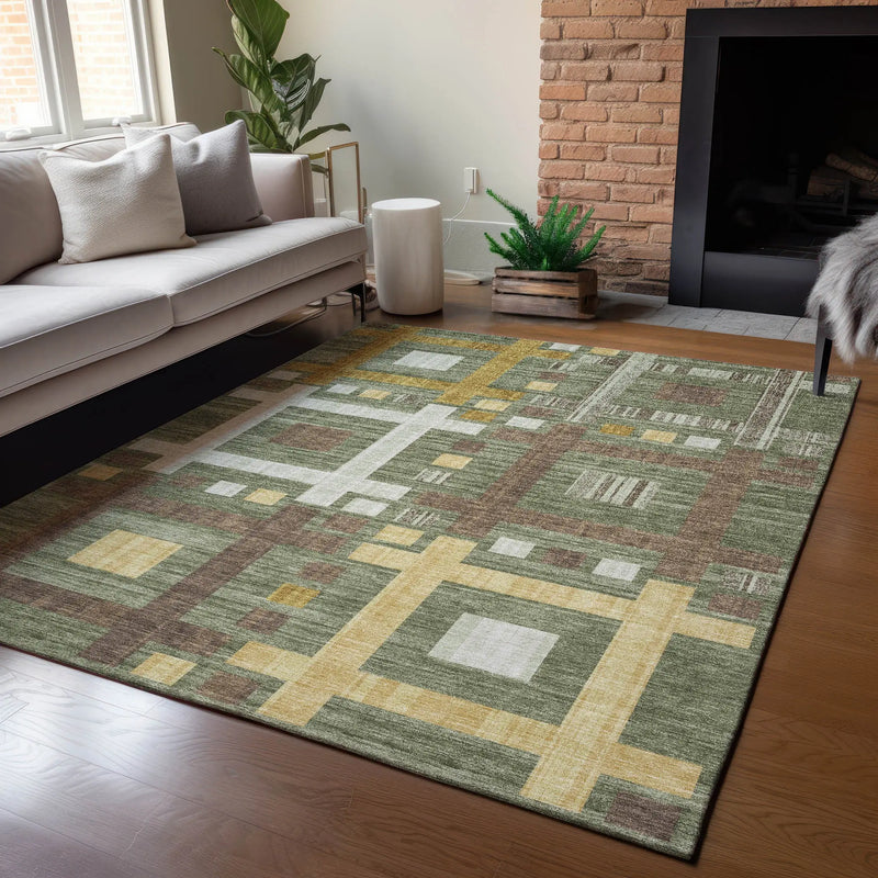 9' X 12' Olive Green And Gray Geometric Washable Indoor Outdoor Area Rug Homeroots Outdoor