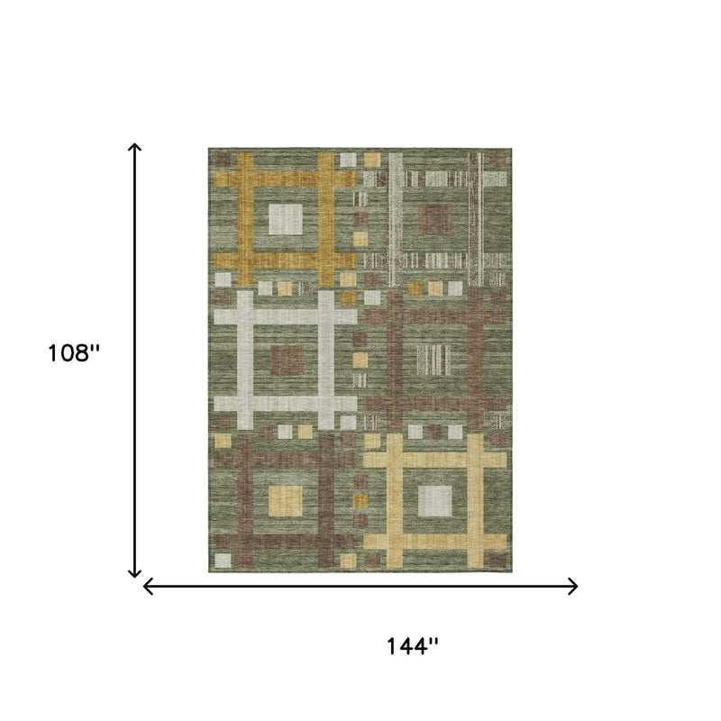 9' X 12' Olive Green And Gray Geometric Washable Indoor Outdoor Area Rug Homeroots Outdoor