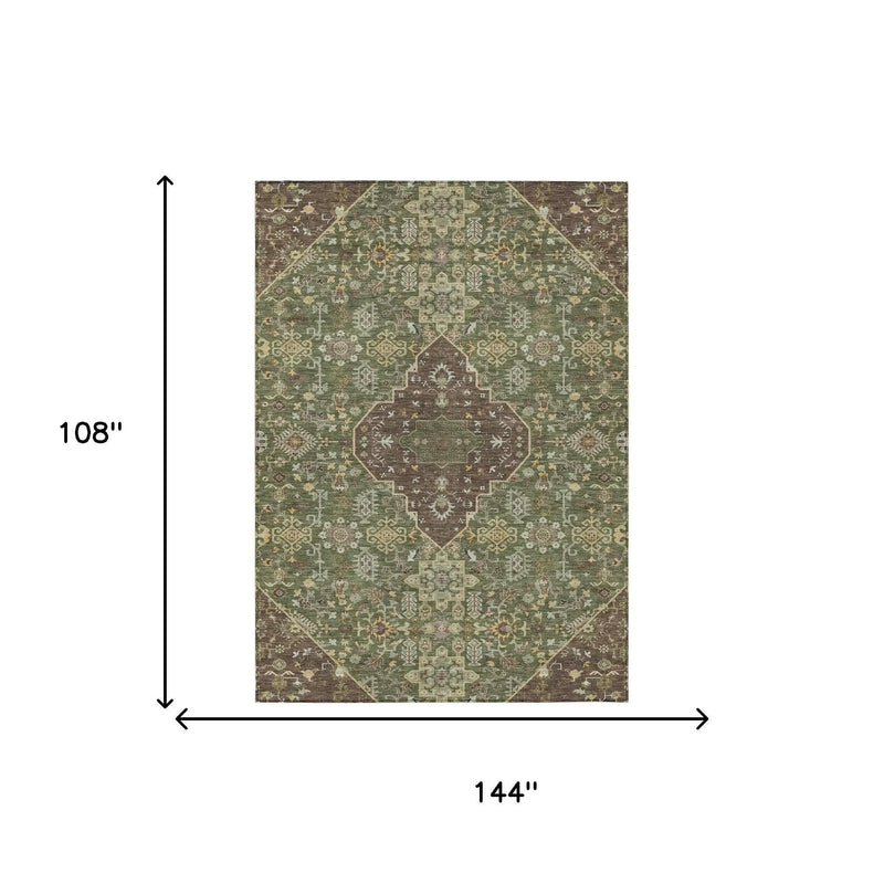9' X 12' Olive Green And Gray Medallion Washable Indoor Outdoor Area Rug Homeroots Outdoor