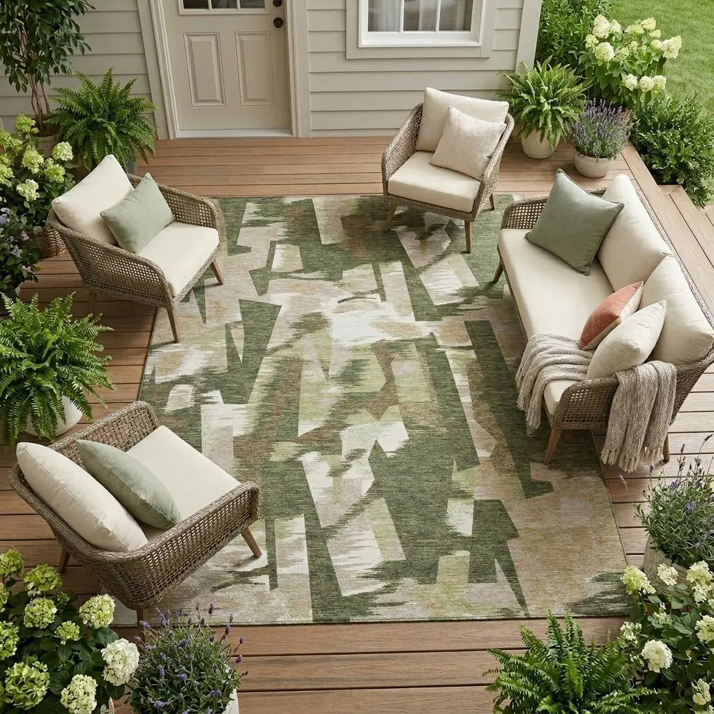 9' X 12' Olive Green And Green Abstract Washable Indoor Outdoor Area Rug Homeroots Outdoor