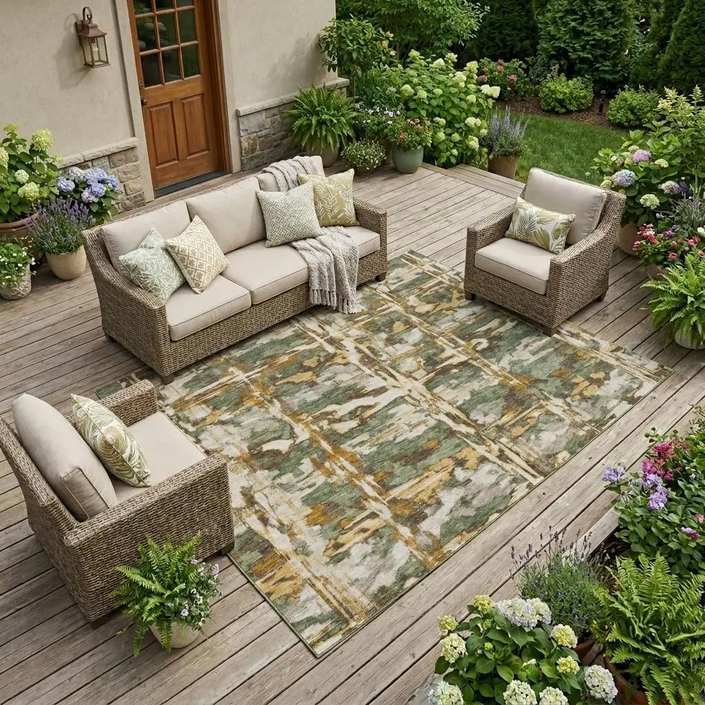 9' X 12' Olive Green And Green Abstract Washable Indoor Outdoor Area Rug Homeroots Outdoor