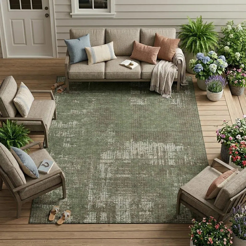 9' X 12' Olive Green And Green Abstract Washable Indoor Outdoor Area Rug Homeroots Outdoor