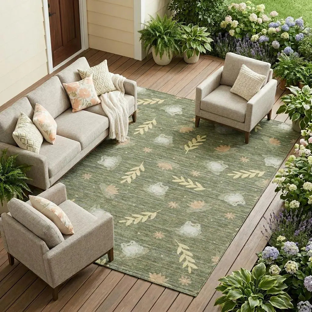 9' X 12' Olive Green And Green Botanical Leaves Washable Indoor Outdoor Area Rug Homeroots Outdoor