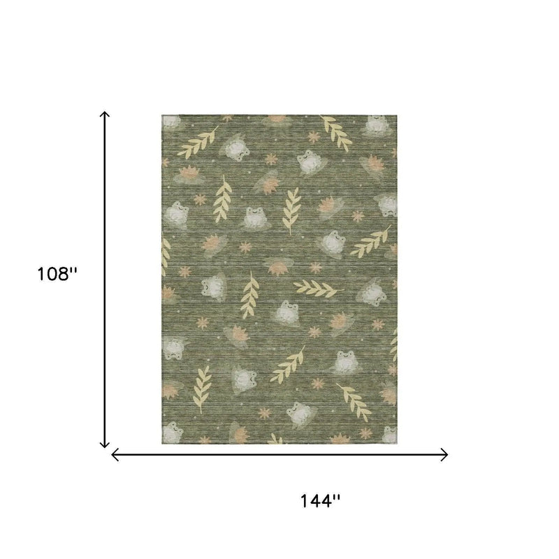 Green patterned rug featuring cute owls and leaves, soft fabric, 144" x 108", ideal for cozy home decor.