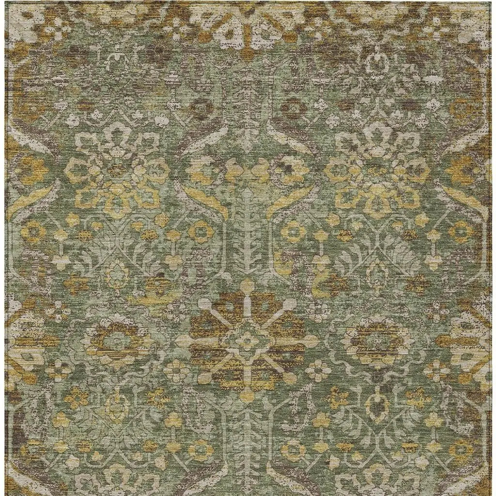 9' X 12' Olive Green And Green Damask Washable Indoor Outdoor Area Rug Homeroots Outdoor