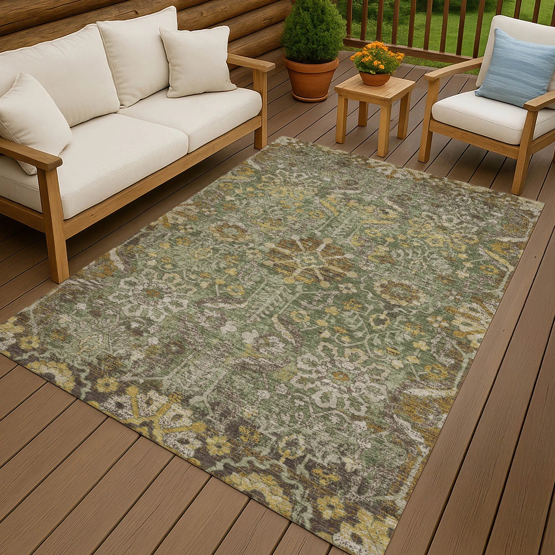9' X 12' Olive Green And Green Damask Washable Indoor Outdoor Area Rug Homeroots Outdoor