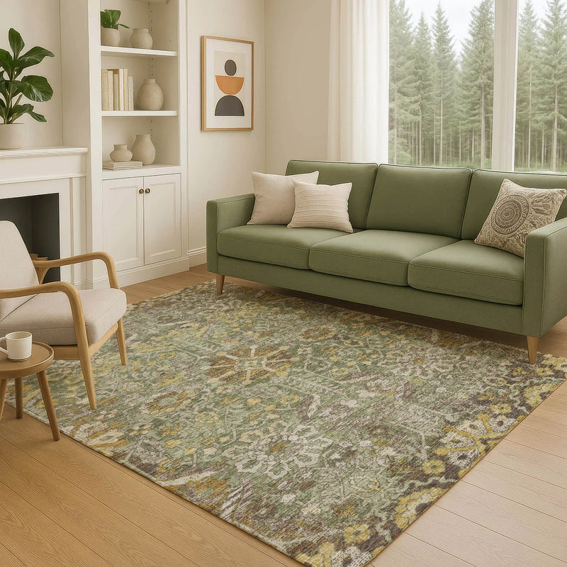 9' X 12' Olive Green And Green Damask Washable Indoor Outdoor Area Rug Homeroots Outdoor