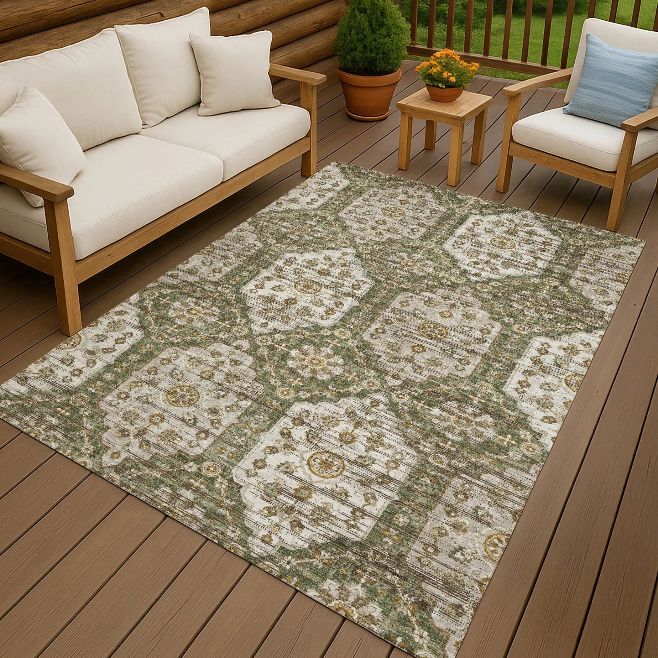 9' X 12' Olive Green And Green Damask Washable Indoor Outdoor Area Rug Homeroots Outdoor