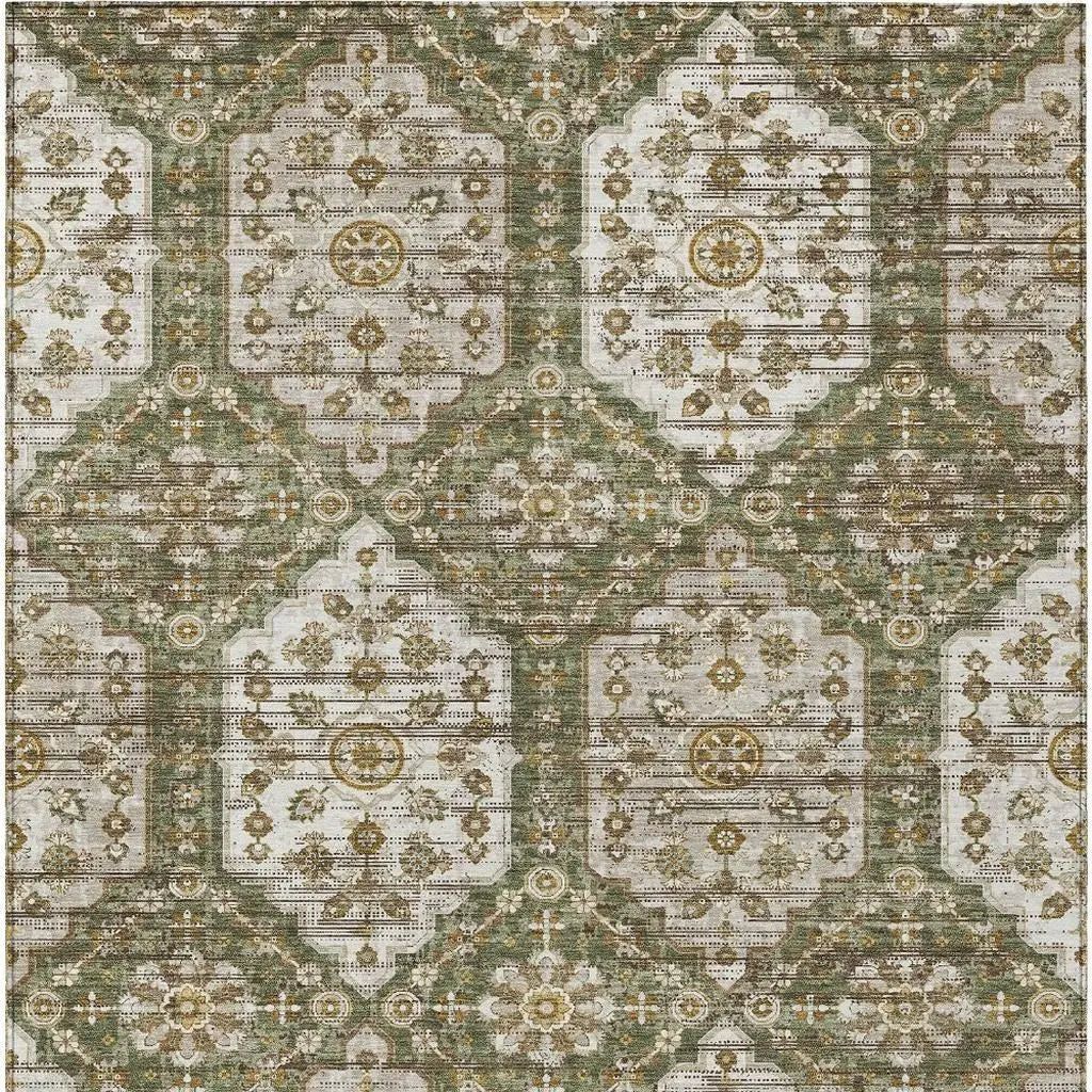 9' X 12' Olive Green And Green Damask Washable Indoor Outdoor Area Rug Homeroots Outdoor