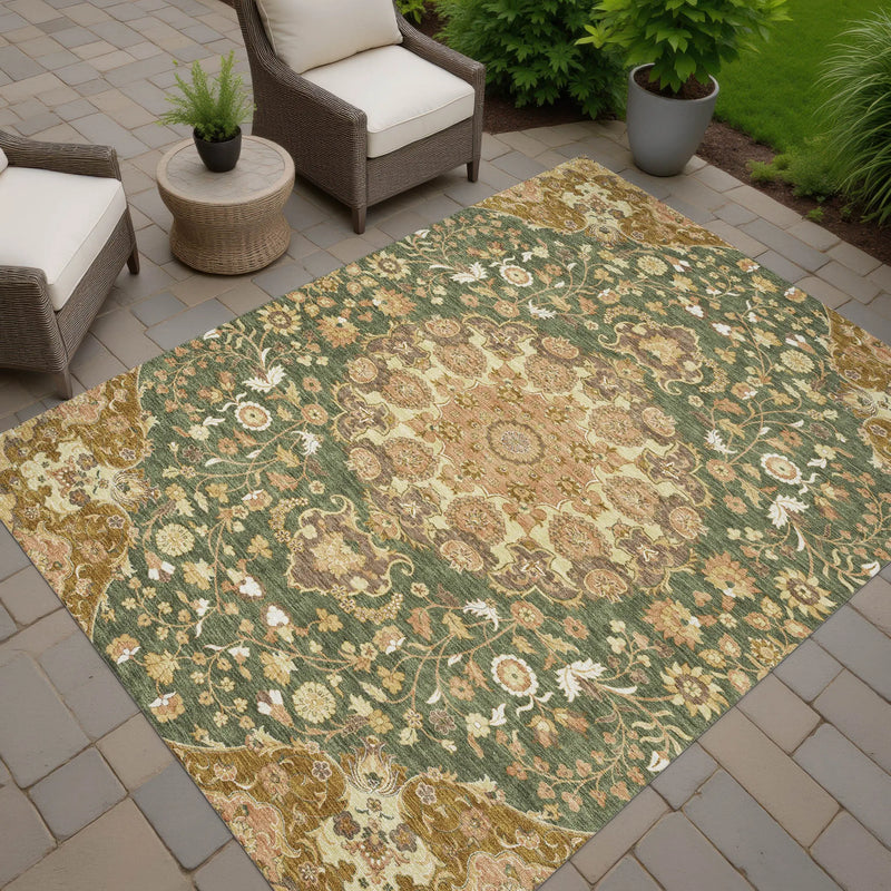 9' X 12' Olive Green And Green Damask Washable Indoor Outdoor Area Rug Homeroots Outdoor