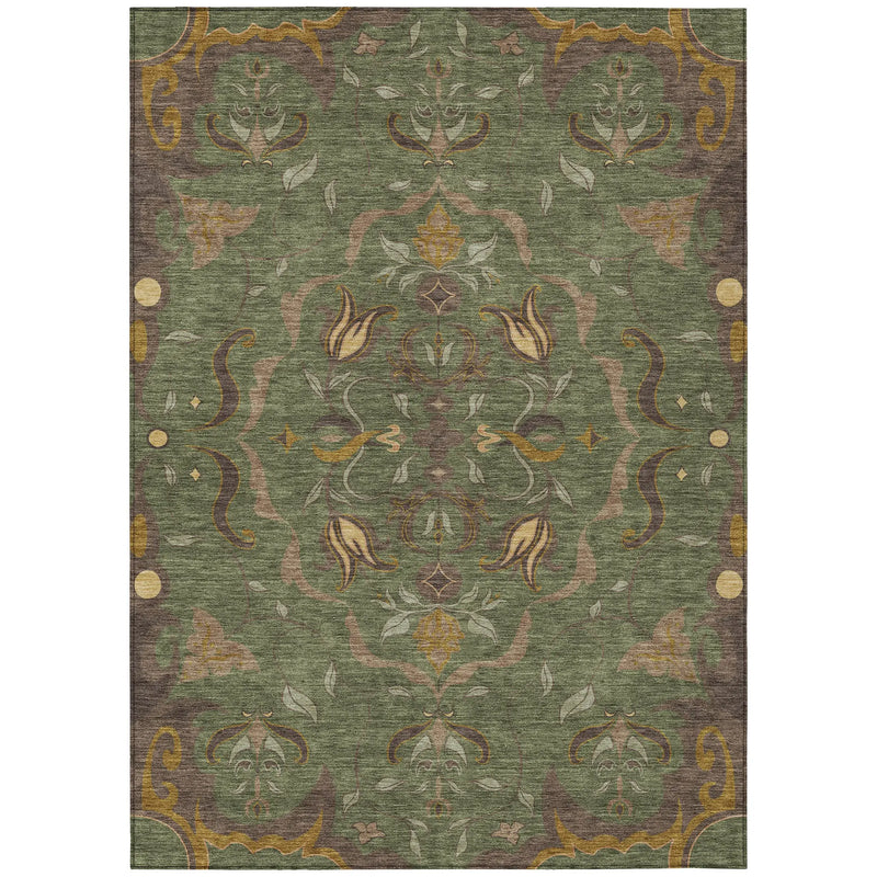 9' X 12' Olive Green And Green Damask Washable Indoor Outdoor Area Rug Homeroots Outdoor