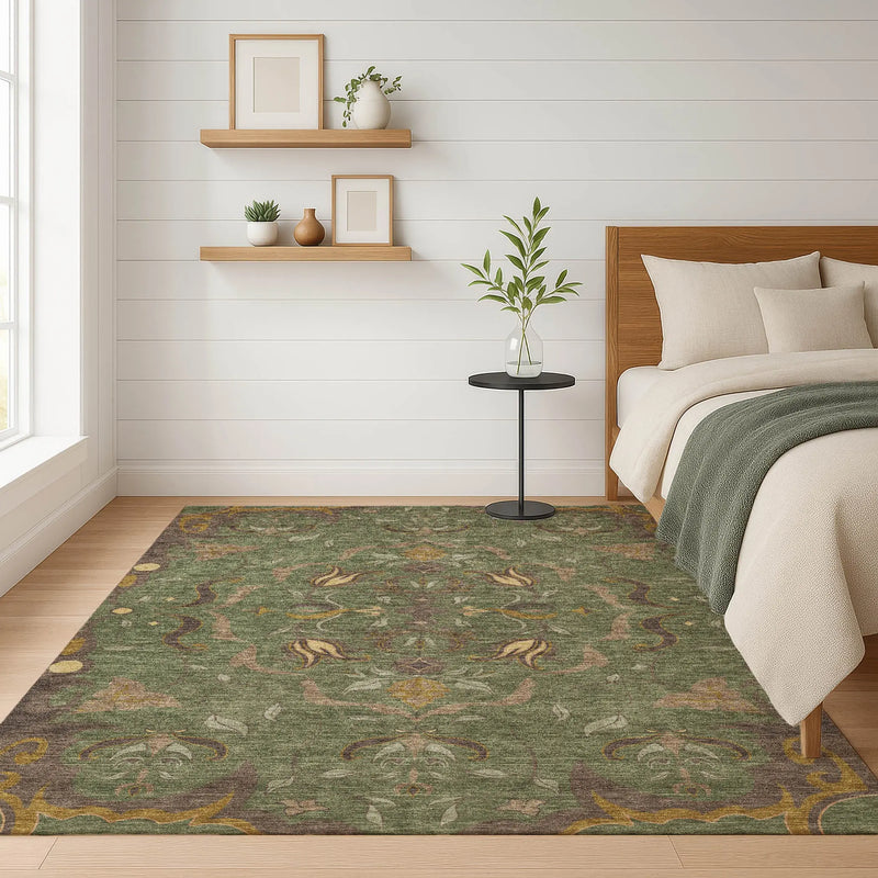 9' X 12' Olive Green And Green Damask Washable Indoor Outdoor Area Rug Homeroots Outdoor