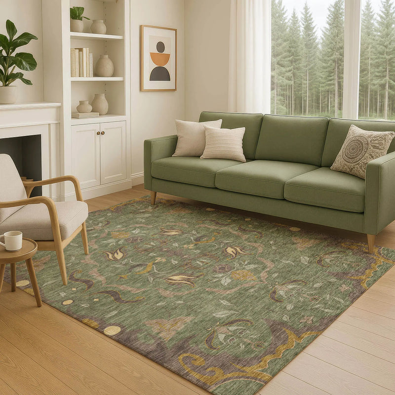 9' X 12' Olive Green And Green Damask Washable Indoor Outdoor Area Rug Homeroots Outdoor