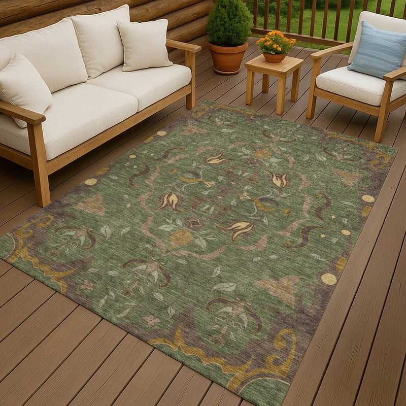 9' X 12' Olive Green And Green Damask Washable Indoor Outdoor Area Rug Homeroots Outdoor