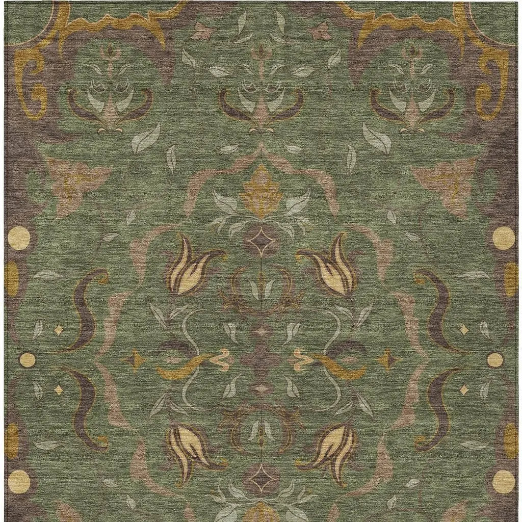 9' X 12' Olive Green And Green Damask Washable Indoor Outdoor Area Rug Homeroots Outdoor