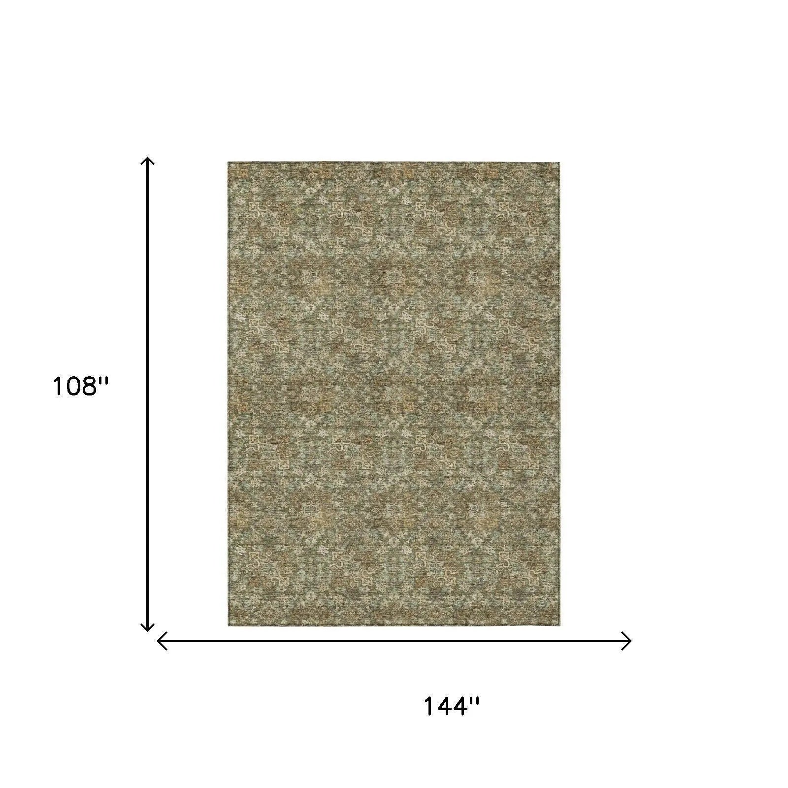 9' X 12' Olive Green And Green Damask Washable Indoor Outdoor Area Rug Homeroots Outdoor