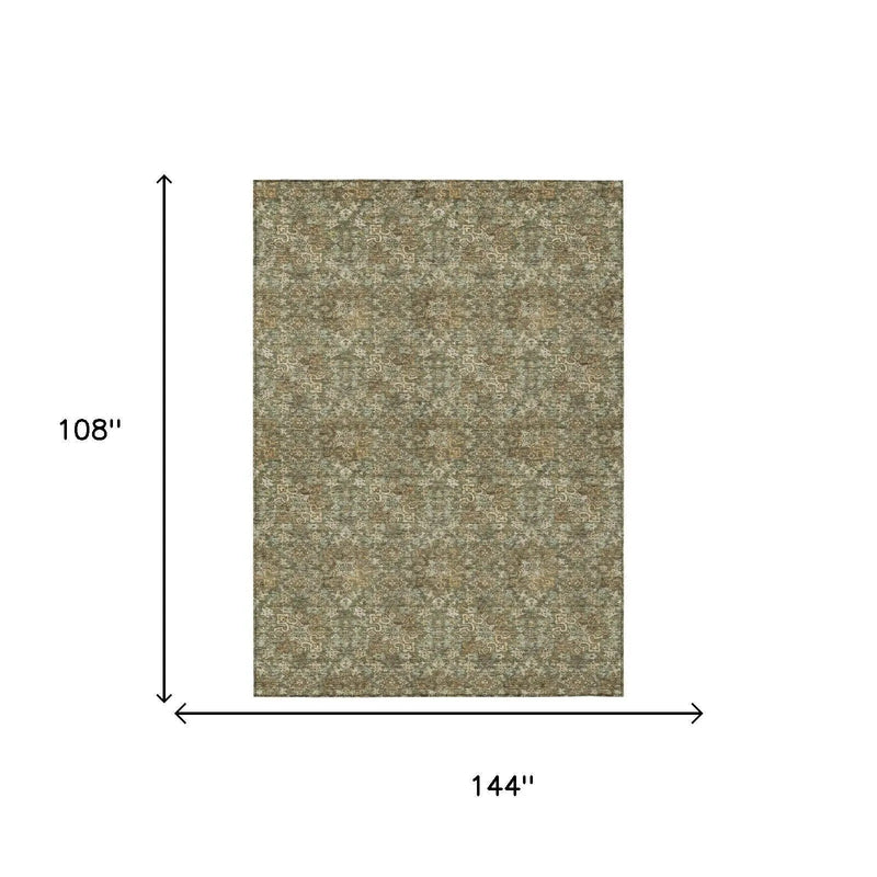 9' X 12' Olive Green And Green Damask Washable Indoor Outdoor Area Rug Homeroots Outdoor