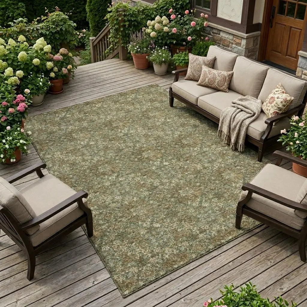 9' X 12' Olive Green And Green Damask Washable Indoor Outdoor Area Rug Homeroots Outdoor