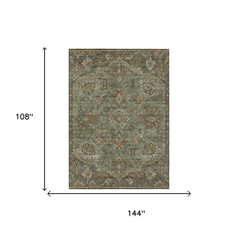 9' X 12' Olive Green And Green Floral Medallion Washable Indoor Outdoor Area Rug Homeroots Outdoor